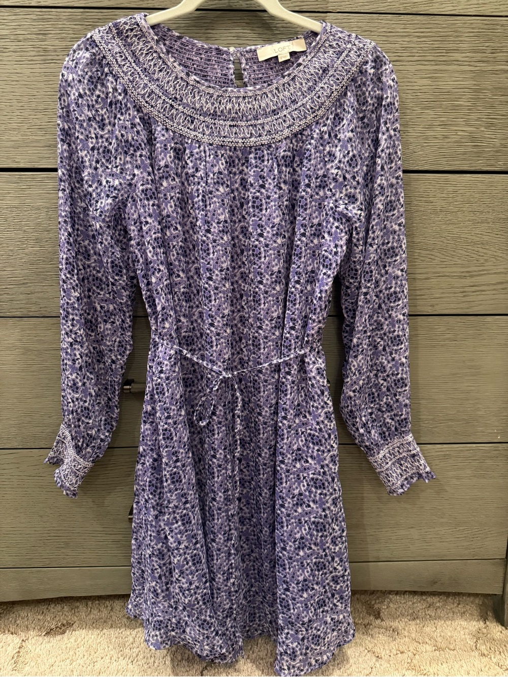 LOFT Lavender Floral Smocked Yoke Long Sleeve Dress